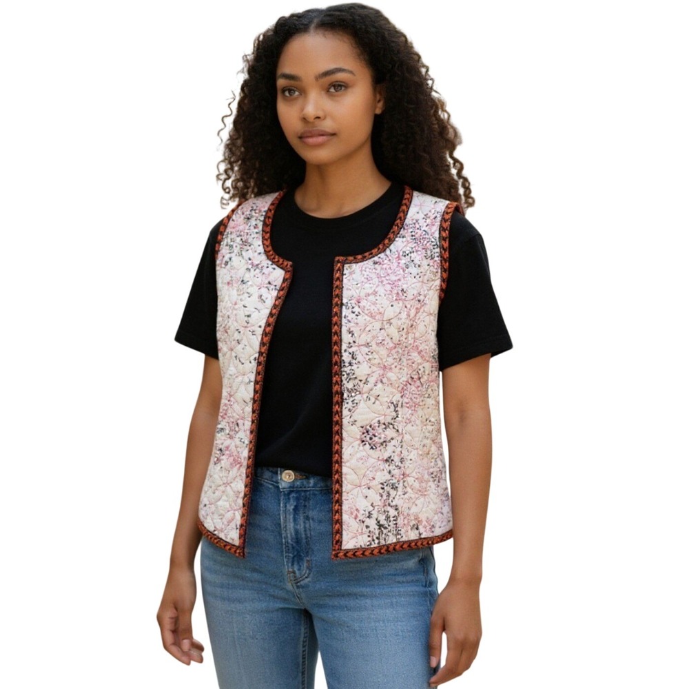 J. Peterman Women Vest Quilted Floral Print Orange Black Embroidered Trim XS
